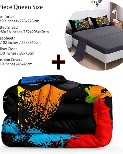 6 Pieces Gamer Comforter Set for Boys Gaming Bedding Set Queen Size,Video Game Controller Comforter for Kids Adult 3D Gamepad Microfiber Bedding Sets 6 Pieces Bed in A Bag Sets30019,Queen - LeafyLoom