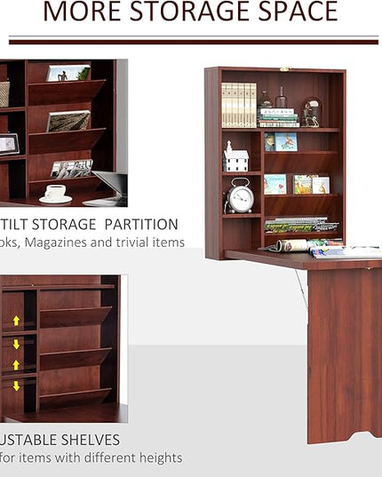 HOMCOM Compact Fold Out Wall Mounted Convertible Desk with Storage, Mahogany - LeafyLoom