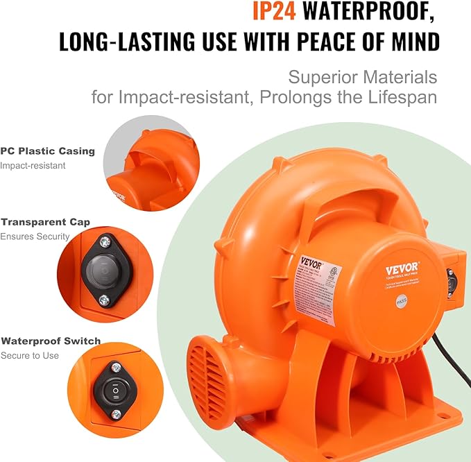VEVOR Air Blower, 2-Speed Inflatable Blower, 1HP and 1.2HP, Portable and Powerful Bounce House Blower, Commercial Bouncy Castle Electric Blower, Used for Inflatable Bouncy Castle and Jump Slides - LeafyLoom