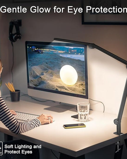 LED Desk Lamp with Clamp, Adjustable Swing Arm, Dual Light Sources, Stepless Dimming, Modern Table Light for Home Office, Work, Study, Flexible, Eye-Caring Clip-on Desk Light - LeafyLoom