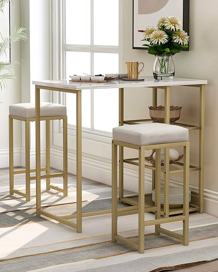 Merax 3-Piece White/Gold Modern Pub Set Counter Height Breakfast Table with 4 Bar Stool for Kitchen Dining Room - LeafyLoom