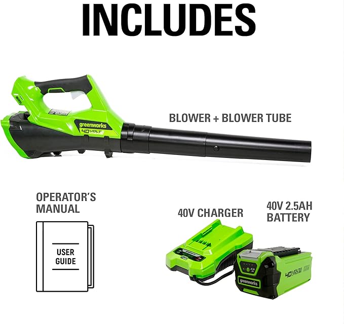 Greenworks 40V (110 MPH / 390 CFM) Cordless Axial Blower, 2.5Ah Battery and Charger Included - LeafyLoom