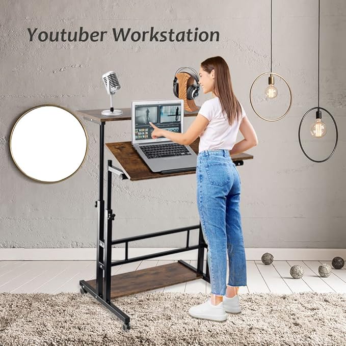 Hadulcet Mobile Standing Desk, Rolling Table Adjustable Computer Desk, Stand Up Laptop Desk Mobile Workstation for Home Office Classroom with Wheels, 31.49 x 23.6 in Rustic Brown - LeafyLoom