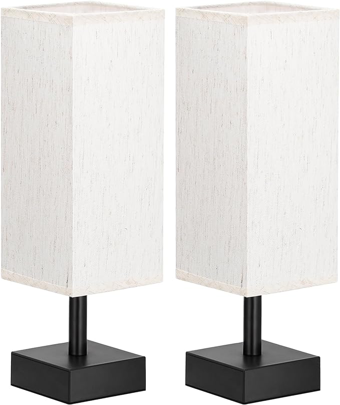 Small Table Lamps Set of 2 - Beige, Minimalist Lamps Set, Square Fabric Shade, for Kids Room Office Dorm, Push Button, Bulb NOT Included - LeafyLoom