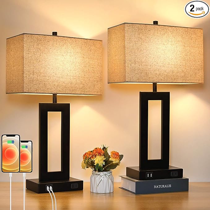 Set of 2 Touch Control Table Lamp with 2 USB Ports, 3-Way Dimmable Modern Nightstand Lamp Sets Bedside Touch Desk Lamp with Fabric Cream Shade For Bedroom Table Living Room Reading, Included Bulbs - LeafyLoom