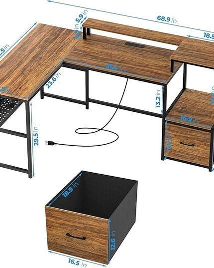 GreenForest 69 inch L Shaped Computer Desk with Drawers and Printer Stand, Gaming Desk with Power Outlet, Monitor Shelf, Storage Shelves and Hooks for Home Office Working, Writing, Studying, Walnut - LeafyLoom