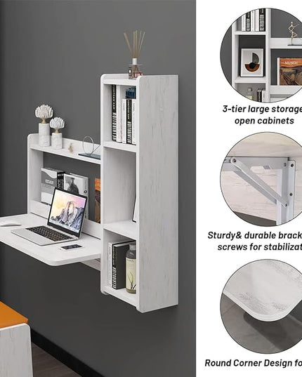 Pmnianhua Floating Desk,41'' Wall Mounted Desk Fold Down Laptop Desk Folding Space Saving Table Workstation with Storage Shelves for Bedroom Study Room Small Space (Off White-Right) - LeafyLoom