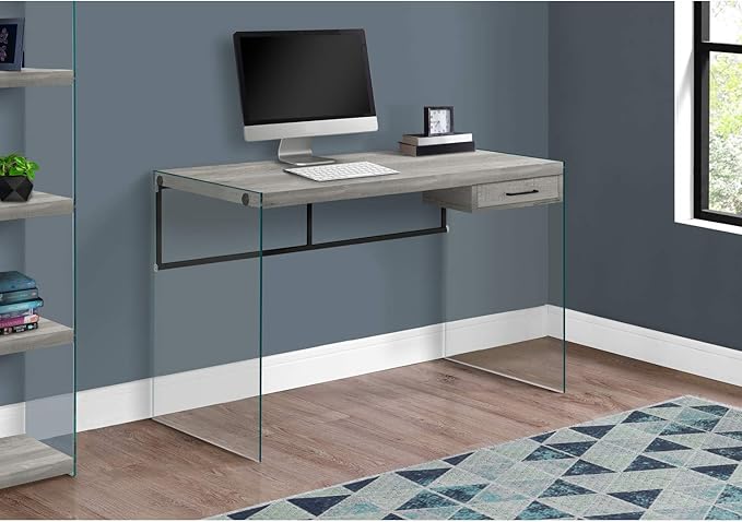 Monarch Specialties Computer Desk - Contemporary Writing Desk with Drawer - Tempered Glass Legs - 48"L (Grey Reclaimed Wood Look) - LeafyLoom