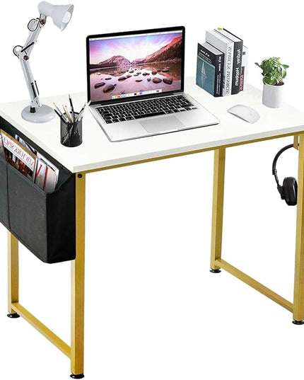 Lufeiya Small Computer Desk White Writing Table for Home Office Small Spaces 31 Inch Modern Student Study Laptop PC Desks with Gold Legs Storage Bag Headphone Hook,White Gold - LeafyLoom