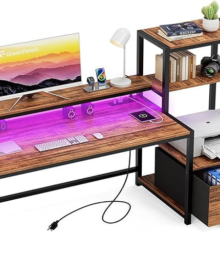 GreenForest Computer Desk with Drawer and Printer Shelf, 68.8 inch Home Office Desk with LED Lights and Power Outlets, Desk with Storage for Study Gaming Working, Walnut - LeafyLoom