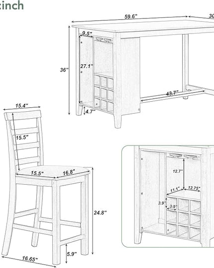 RITSU Modern 5-Piece Dining Set, Multi-Functional Counter Height Dinette Suit with Padded Chairs and Integrated 9 Bar Wine Compartment, Wineglass Holders for Home Kitchen, Brown+White Wash - LeafyLoom