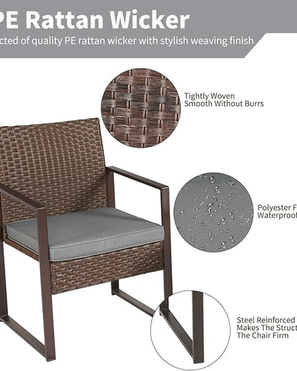 3 Pieces Patio Furniture Set Outdoor Wicker Bistro set Rattan Chair Conversation Sets with Coffee Table for Porch, Balcony,Garden,Backyard and Removable Cushions Grey - LeafyLoom