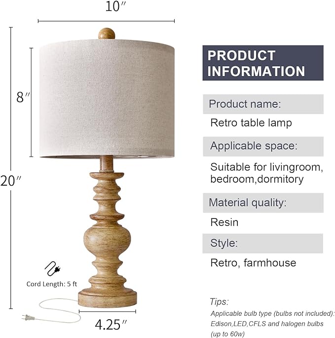 BOBOMOMO 20" Farmhouse Lamps for Bedrooms Set of 2, Retro Side Table Lamps Bedside Lamp for Side Nightstand Living Room(suitable for decorating small areas) - LeafyLoom