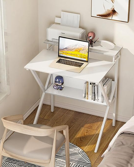 ODK Small Computer Desk, 27.5 inch Desk for Small Spaces with Storage, Compact Table with Monitor & Storage Shelves for Home Office, Modern Style Laptop Desk, Pure White - LeafyLoom