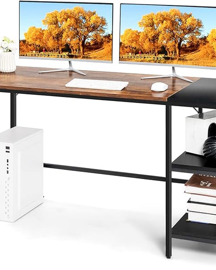 Multifunctional Computer Desk, Industrial Study Writing Desk w/Removable Storage Shelf, Heavy-Duty Metal Frame, 55 Inch Desk for Home Office, Gaming Room, Bedroom (Rustic Brown) - LeafyLoom