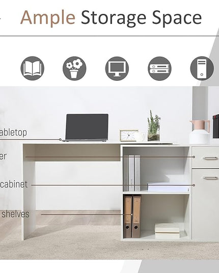 HOMCOM L Shaped Computer Desk, 180° Rotating Corner Desk with Storage Shelves, Drawer and Cabinet, Study Workstation for Home Office, White - LeafyLoom