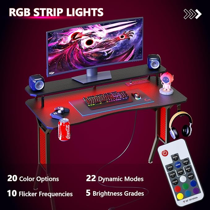 Gaming Desk with Power Outlets & LED Strip Lights,Computer Desk with Large Monitor Stand, Gamer Workstation with Stylish Metal Legs,Headphone Hook&Cup Holder for Home Office - LeafyLoom
