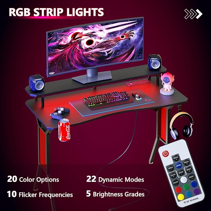 Gaming Desk with Power Outlets & LED Strip Lights,Computer Desk with Large Monitor Stand, Gamer Workstation with Stylish Metal Legs,Headphone Hook&Cup Holder for Home Office - LeafyLoom