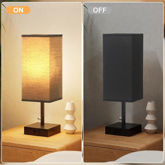 aooshine Table Lamps Set of 2 - Black, USB A and USB C Charging, Pull Chain Control, Bulb NOT Included, Small - LeafyLoom