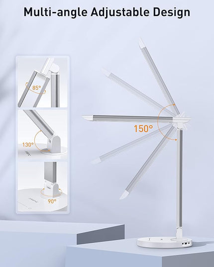 Desk Lamp, Dimmable Desk Light with USB Charging Port, Led Desk Lamp with 10 Brightness Levels & 5 Color Temperature, Touch Control, Adjustable Arm, Eye-Caring for Home Office Bedroom Reading - LeafyLoom