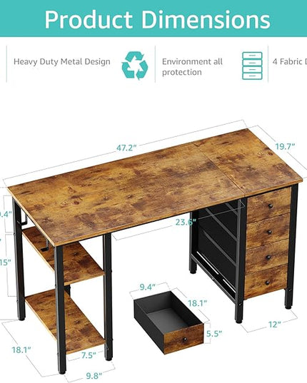 Lufeiya 47 inch Computer Desk with 4 Drawers & Storage Shelves, Writing Work Study Desk for Home Office Bedroom, Modern Simple Student PC Desks Table, Rustic Brown - LeafyLoom
