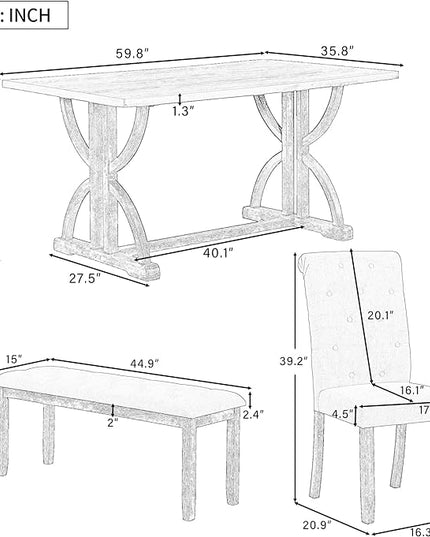 6-Piece Retro Style Rectangular Dining Table Set with Unique Legs and 4 Upholstered Chairs & 1 Bench for Kitchen, Breakfast Nook, Living Room, Gray Wash, 59.8" L x 35.8" W x 30" H - LeafyLoom