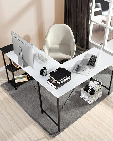 FurnitureR L-Shaped 58.3''Corner Computer Desk with Storage Shelf Long Gaming Desk for Home Office PC Workstation Saving Space Laptop Table (White and Black) - LeafyLoom