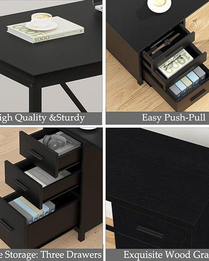 HSH Large Black L Shaped Desk, Corner Wood Computer Desk with Drawer, Modern Work Home Office Desk with Storage Cabinet, Industrial Executive PC Study Writing Desk for Living Bedroom, Black, 59 Inch - LeafyLoom
