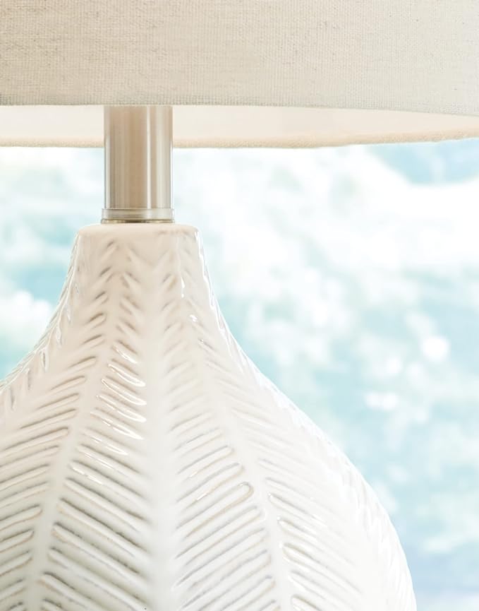 Signature Design by Ashley Rainermen 20" Modern Herringbone Ceramic Table Lamp, Off White - LeafyLoom