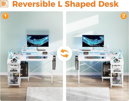 ODK 40 Inch Gaming Desk with USB Charging Ports and LED Lights, Reversible L Shaped Computer Desk with Storage Shelves & Monitor Stand, Corner Home Office Desk Table with Power Outlets, White - LeafyLoom