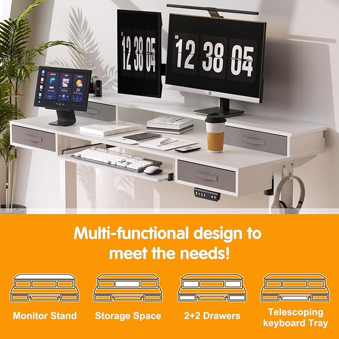 Electric Standing Desk, Multifunctional Standing Desk Adjustable Height, 55 * 24 Standing Desk with 4 Drawers, Ergonomic Adjustable Standing Desk with Keyboard Tray, Snow White - LeafyLoom