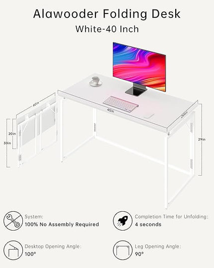 Folding Desk 40 Inch - Small Foldable Desk for Small Space Minimalist, Space Saving Collapsible Compact Desk Portable Table for Craft, Writing, Study and Work (No Assembly Required) - LeafyLoom