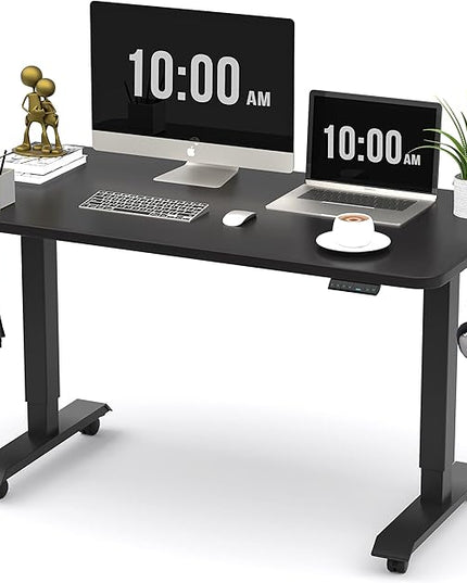 Monomi Electric Height Adjustable Standing Desk, 48x24 Inches, Ergonomic Home Office Sit/Stand Up Desk (Black Steel Frame/Black Top) - LeafyLoom