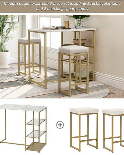 Merax 3-Piece White/Gold Modern Pub Set Counter Height Breakfast Table with 4 Bar Stool for Kitchen Dining Room - LeafyLoom