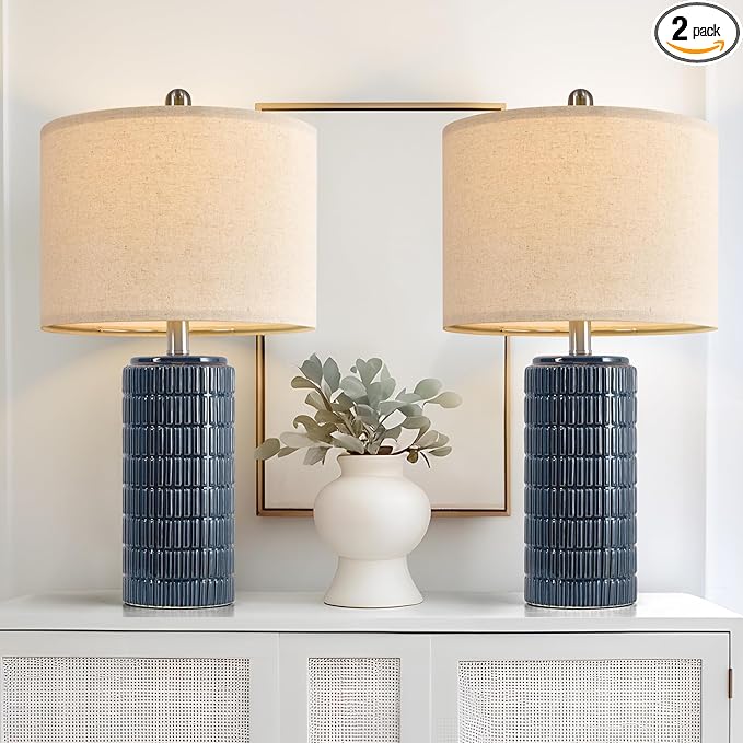 PoKat 23" Blue Table Lamp, Farmhouse Bedside Lamps for Bedroom Set of 2, Ceramic End Table Lamps for Living Room, Traditional Nightstand Desk Lamps, Medium - LeafyLoom