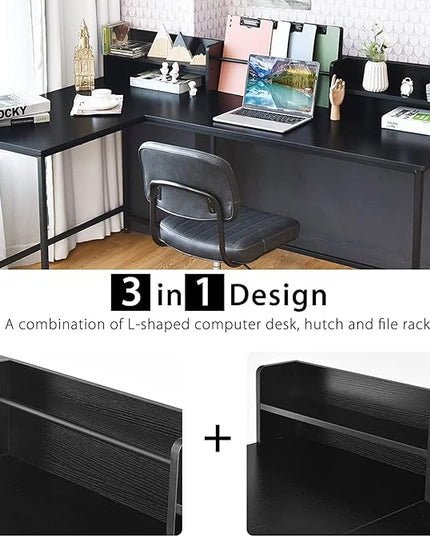 LUARANE 65.5 Inches L-Shaped Desk, Industrial Computer Desk with Hutch File Rack, Space Saving Corner Desk with Metal Frame, Computer Workstation for Home Office (Black) - LeafyLoom
