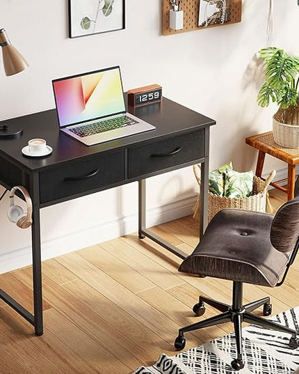 ODK Small Desk with Fabric Drawers- for Bedroom, White Study Desk with Storage, Home Office Computer Desk for Small Spaces, 32 Inch Modern Work Writing Kids Table, Black - LeafyLoom