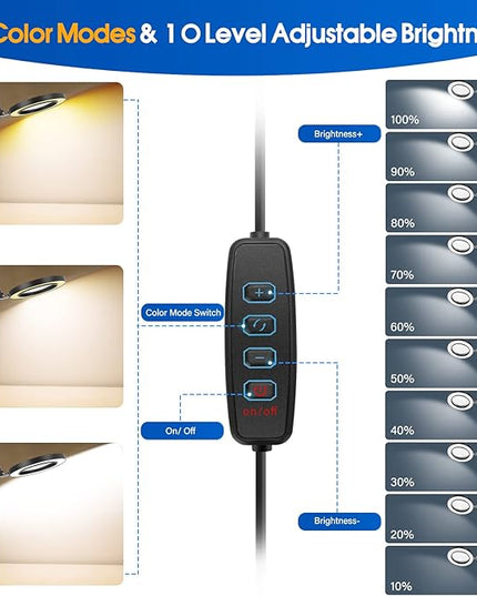 64 LED USB 10X Magnifying Desk Lamp with Clamp, Desk Hands-free Lighted Magnifier with 3 Color Modes, 10 Level Dimmable and Flexible Gooseneck for Reading Craft Sewing Repair Close Work Beauty - LeafyLoom