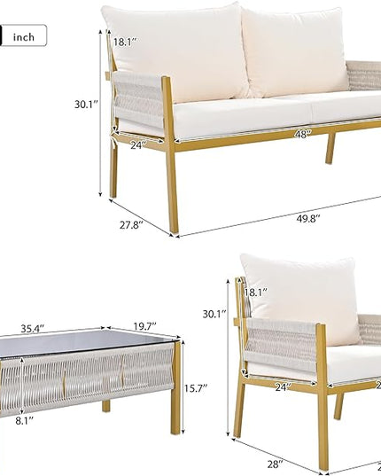 4 Piece Patio Furniture Set, Outdoor FSC Certified Acacia Wood Conversation Set, All-Weather Rope Sofa Set w/Tempered Glass Table, Loveseat for Lawn Balcony Poolside, Backyard, Backyard - LeafyLoom