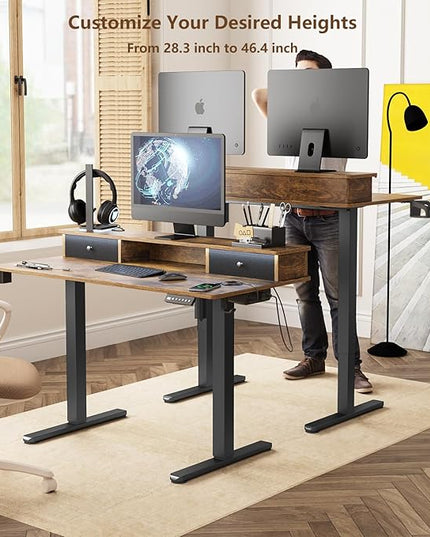 Electric Adjustable Standing Desk, Sit Stand Desk with Power Outlets & LED Lights 48”Adjustable Height Standing Desk with Drawers Adjustable Table Desk Riser for Home Office - LeafyLoom