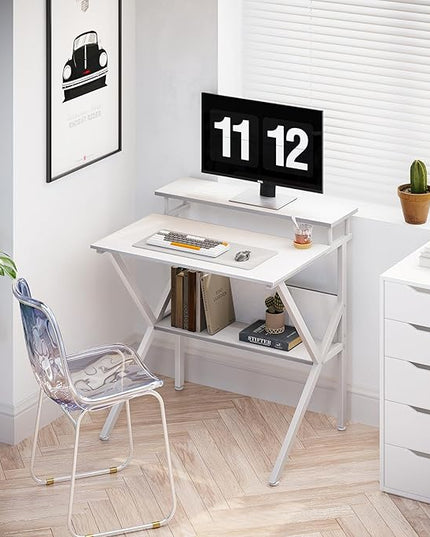 ODK Small Computer Desk, 27.5 inch Desk for Small Spaces with Storage, Compact Table with Monitor & Storage Shelves for Home Office, Modern Style Laptop Desk, Pure White - LeafyLoom