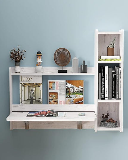 Pmnianhua Floating Desk,41'' Wall Mounted Desk Fold Down Laptop Desk Folding Space Saving Table Workstation with Storage Shelves for Bedroom Study Room Small Space (Off White-Right) - LeafyLoom