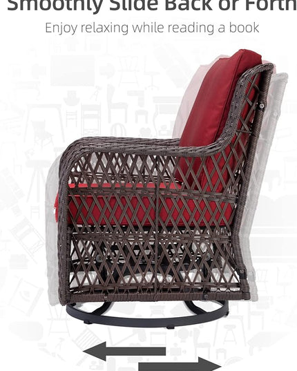 IDEALHOUSE 3 Pieces Outdoor Wicker Swivel Rocker Patio Set, 360-Degree Swivel Rocking Chair Elegant Wicker Patio Bistro Set with Tempered Glass Top Side Table (Red) - LeafyLoom