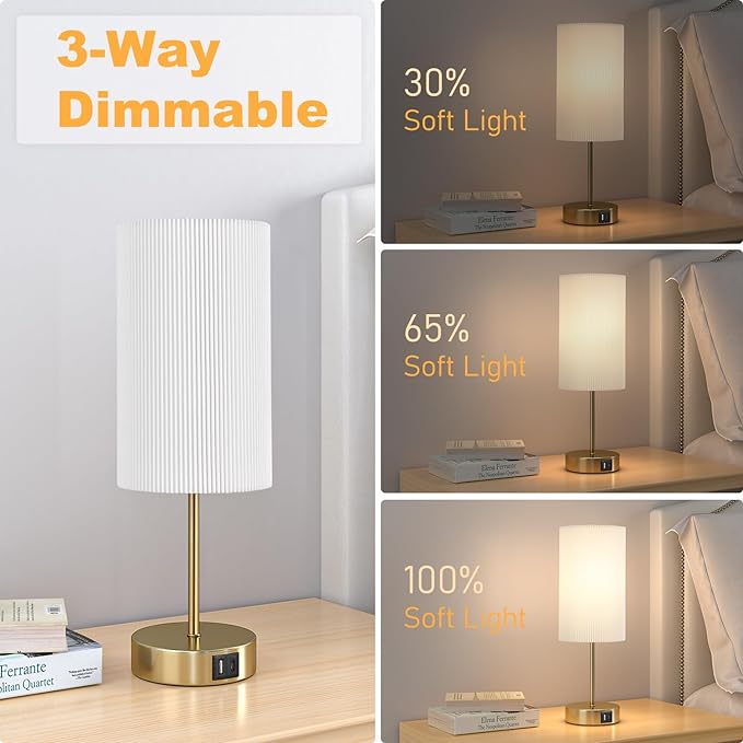 AKASUKI Table Lamp for Bedroom, 3 Way Dimmable Touch Lamp with Dual Charging Station, Small Bedside Lamps for Night Stands, Living Room, Office(LED Bulb Included) - LeafyLoom