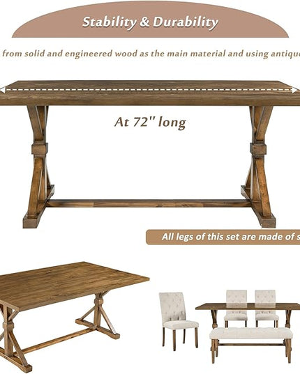 6-Piece Farmhouse Rectangular 72" Wood Dining Table Set with 4 Upholstered Chairs and a Bench, Easy to Assemble, for Kitchen, Home Bar & Living Room, Walnut+Beige - LeafyLoom