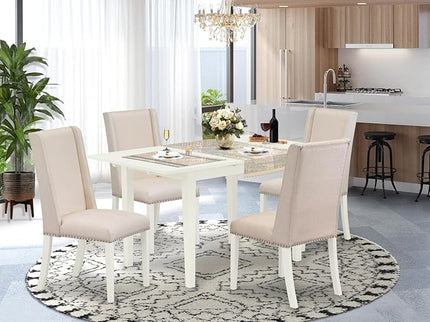 East West Furniture NOFL5-LWH-01 5 Piece Modern Dining Set Includes a Rectangle Wooden Table with Butterfly Leaf and 4 Cream Linen Fabric Upholstered Chairs, 32x54 Inch - LeafyLoom