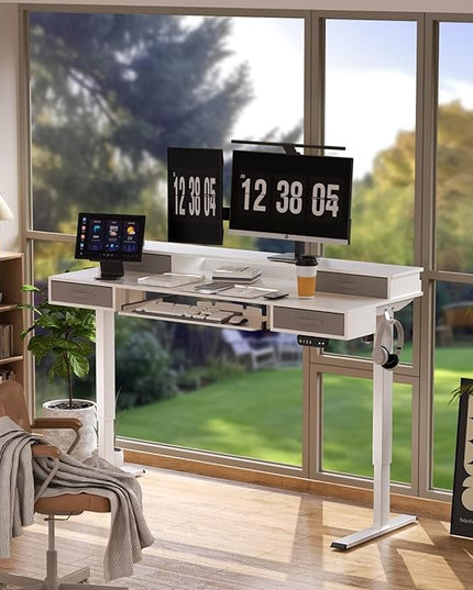 Electric Standing Desk, Multifunctional Standing Desk Adjustable Height, 55 * 24 Standing Desk with 4 Drawers, Ergonomic Adjustable Standing Desk with Keyboard Tray, Snow White - LeafyLoom