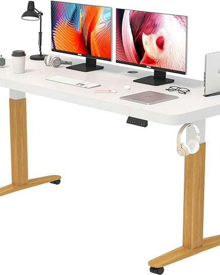 Monomi Electric Standing Desk, 55 x 28 inches Height Adjustable Desk, Ergonomic Home Office Sit Stand Up Desk with Memory Preset Controller (White Top/Wood Grain Frame) - LeafyLoom