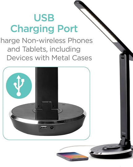 iHome Desk Lamp with Charging Station, Reading Light with Wireless Charging and USB Charging – Black (ILW200B) - LeafyLoom