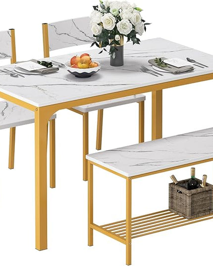DlandHome Dining Table with 2 Chairs and 1 Bench Dining Room Sets Dining Table and Chairs Set,Rectangular Space-Saving Dinner Table with Two Benches for Kitchen,Golden - LeafyLoom